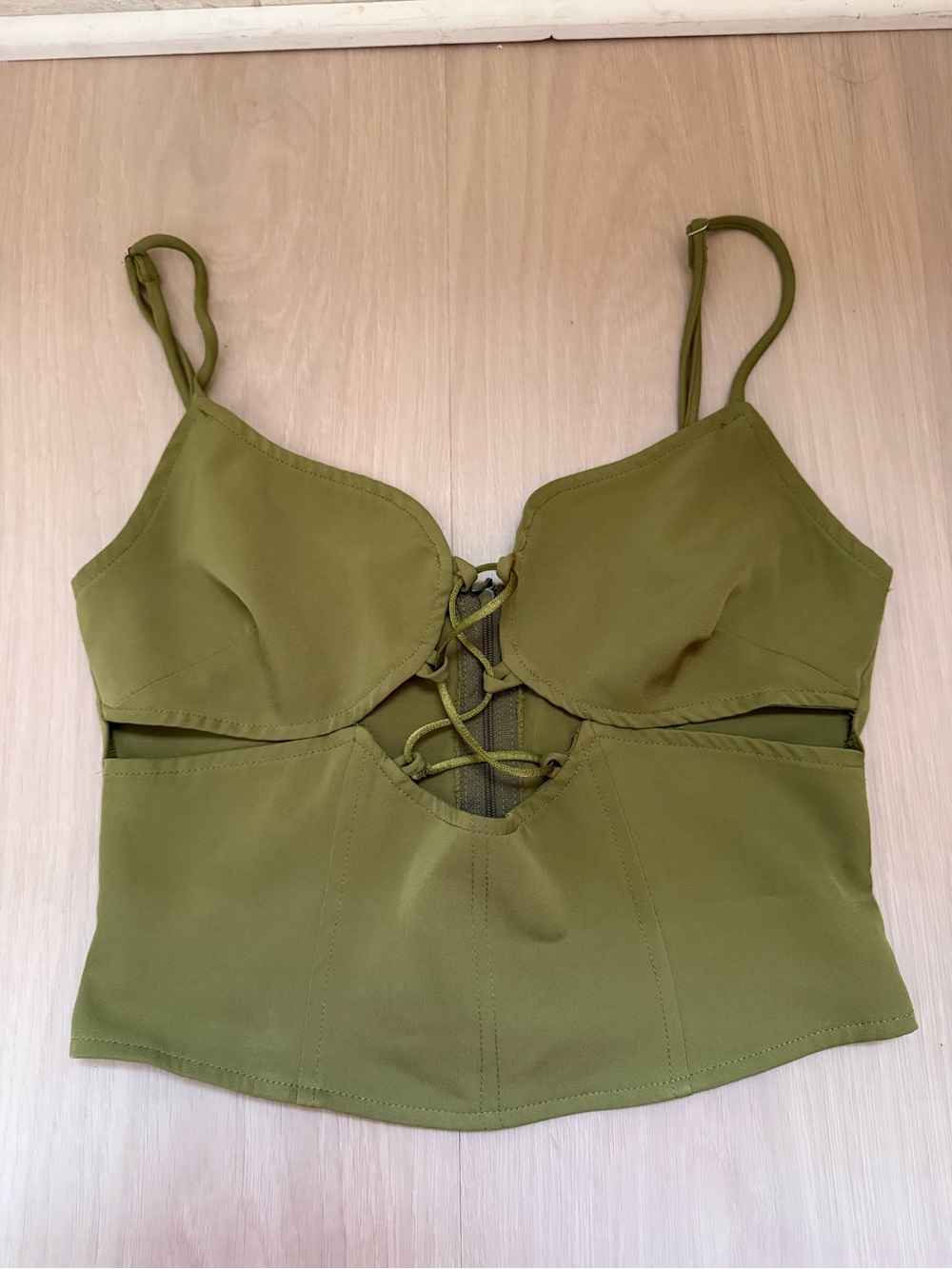PrettyLittleThing Olive Lace-Up Spaghetti Strap Crop Top